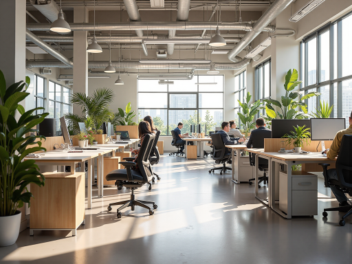 公司办公环境，开放式办公区域，员工正在讨论工作，阳光充足