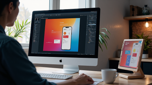 UI设计课程封面，显示设计工具界面和创意设计作品，背景为粉色渐变