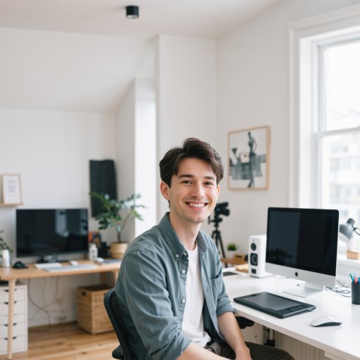 年轻男性讲师头像，短发，穿休闲服装，背景为设计工作室